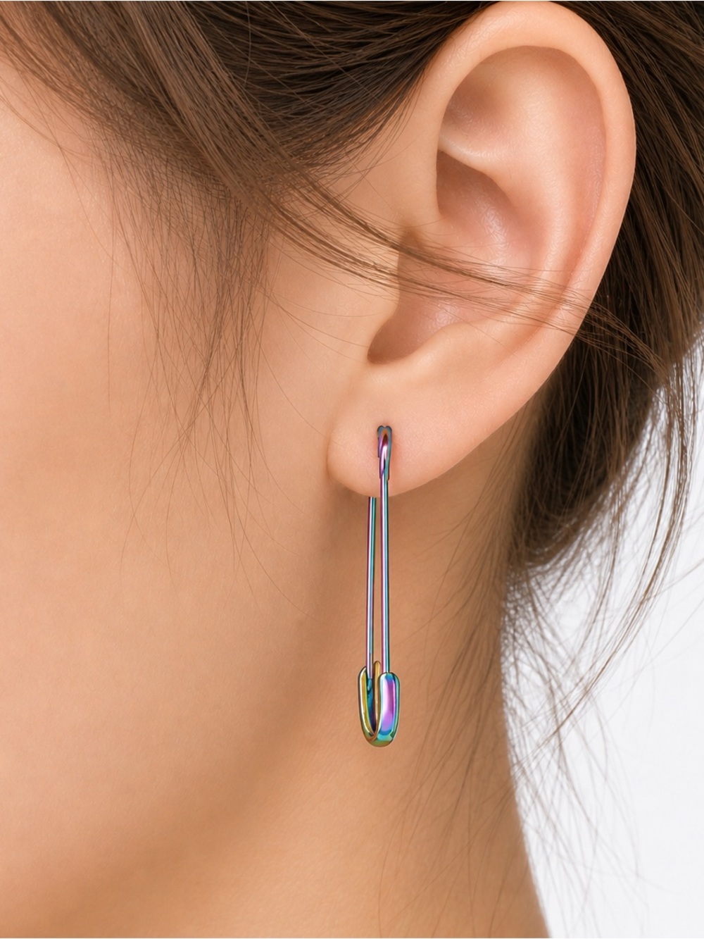 Rainbow Oil Slick Safety Pin Earrings - Stainless Steel Punk Grunge - Picture 2 of 4